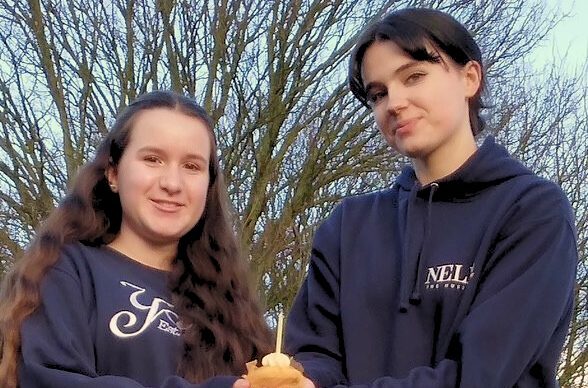 A beige picnic blanket on green grass with cushions, a picnic hamper and two plates of food.